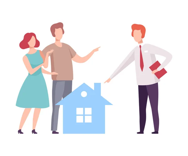 Männlicher Immobilienmakler bietet ein Haus zu verkaufen an Paare, Menschen, die ein Haus kaufen oder mieten Vector Illustration — Stockvektor