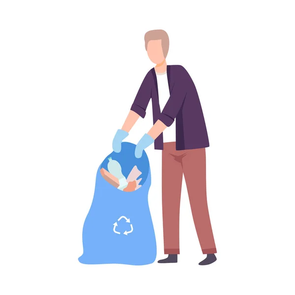 Giovane uomo che raccoglie spazzatura in sacchetto di plastica, volontario maschile raccogliendo spazzatura all'aperto Vector Illustrazione — Vettoriale Stock