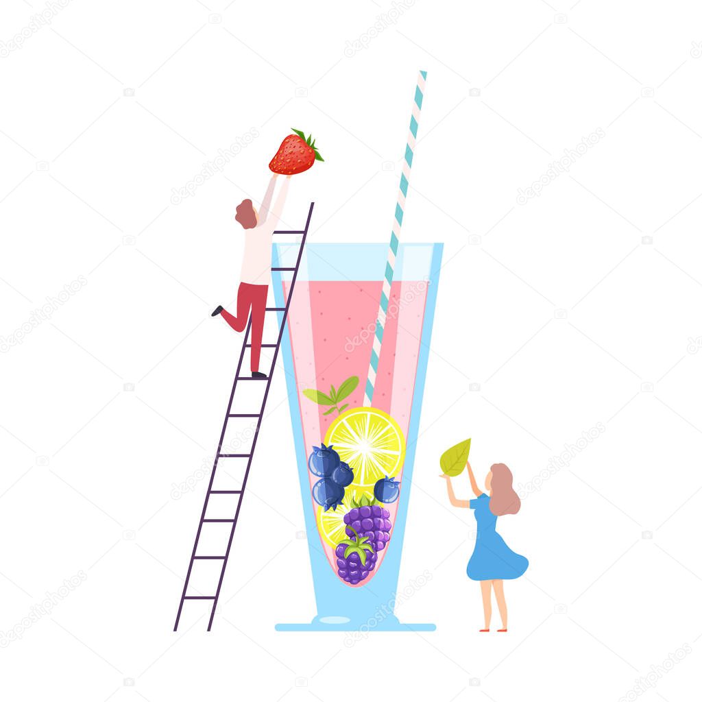 Tiny People Making Cocktail, Young Man and Woman Putting Berries and Mint Leaf to Big Glass with Juice and Straw Using Ladder, Cold Sweet Summer Drink Vector Illustration