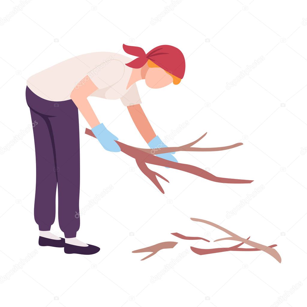 Woman Collecting Wooden Branches, Female Volunteer Picking Garbage Outdoors, Girl Cleaning the Beach from Pollution Vector Illustration