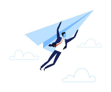 Kağıt Düzleminde Uçan İşadamı, Girişim, İş Başarı, Liderlik Konsepti Vektör İllüzyonu