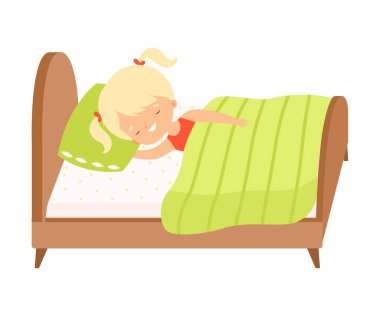 Şirin Sarışın Küçük Kız Yatağında Tatlı Tatlı Uyuyor Battaniye Vektörü İllüzyonu Altında