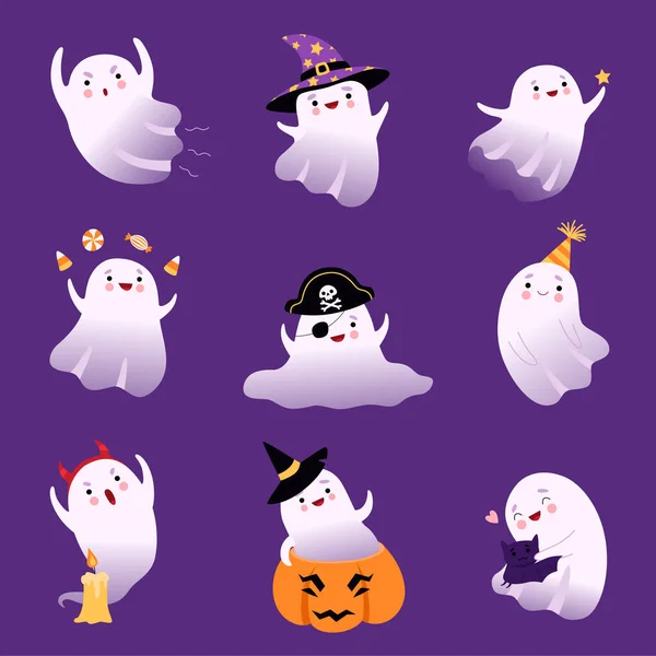 Cute Flying Ghosts Collection, Adorable Halloween Spooky Characters Vector Illustration — Illustration Cute Flying Ghosts Collection, Adorable Halloween Spooky Characters Vector Illustration — Stock Vector