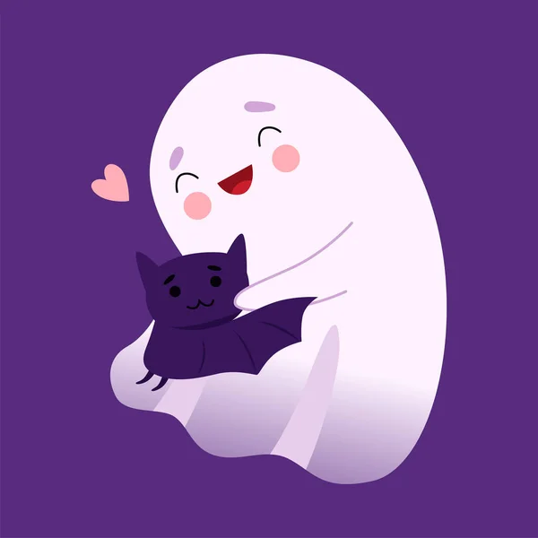 Adorable White Little Ghost Hugging Bat, Cute Halloween Spooky Character Vector Illustration — Illustration Adorable White Little Ghost Hugging Bat, Cute Halloween Spooky Character Vector Illustration — Stock Vector