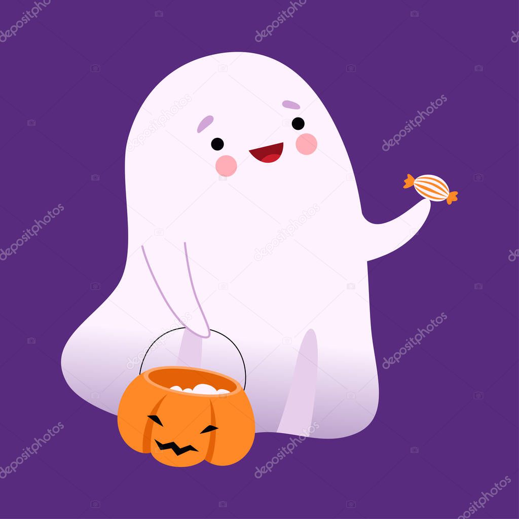 White Ghost Carrying Bucket made of Pumpkin Full of Sweets, Cute Halloween Spooky Character Vector Illustration