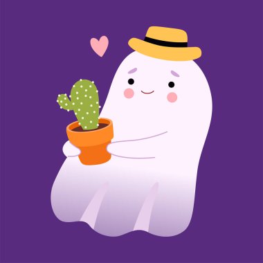 Çiçek saksısı olan küçük beyaz hayalet, şirin cadılar bayramı hayalet karakteri illüstrasyonu