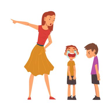 Angry Mother Scolding Her Naughty Sons, Relationships Between Kids and Parent, One Boy Crying Bitterly Vector Illustration clipart