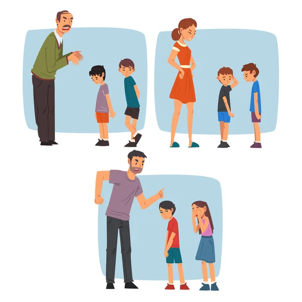 Parents Scolding Naughty Boys Set, Adult People Chstening Children for Bad Behavior Vector Illustration — стоковый вектор