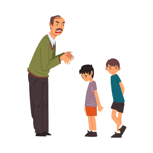 Angry Mature Man Scolding Naughty Boys, Man Chastening Children for Bad Behavior Vector Illustration — Stock Vector