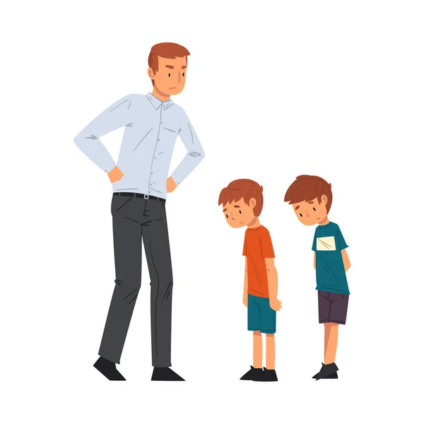 Angry Father Scolding His Naughty Sons, Relationships Between Kids and Parent Vector Illustration — Stock Vector