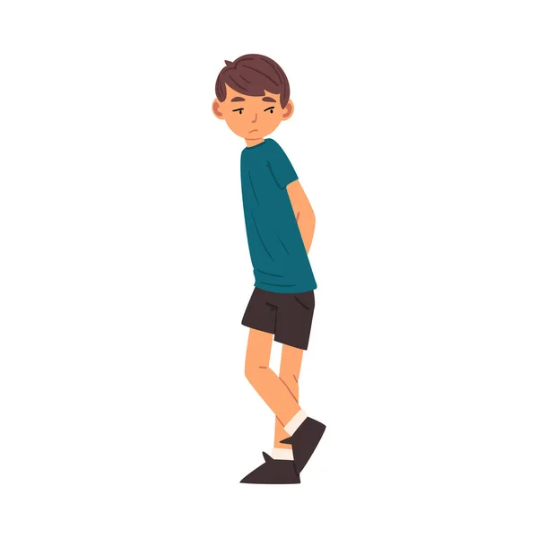 Cute Unhappy Boy, Sad Child in Black Shorts and Blue Tshirt Vector Illustration — Stock Vector