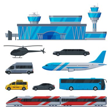 Aviation Transport Terminal, Airport Vehicles Set, Flight Service Transportation Flat Vector Illustration clipart