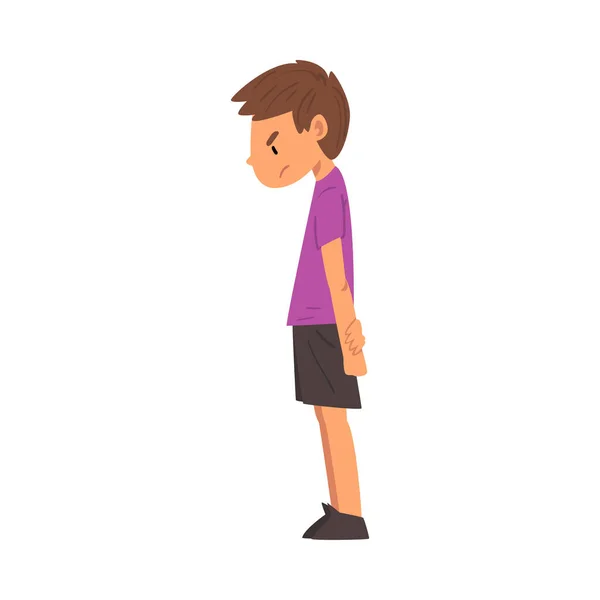 Nešťastný chlapec, roztomilé dítě se smutnou tváří nošení šortky a tričko, boční pohled vektorové ilustrace — Stockový vektor