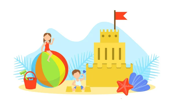 Cute Tiny Kids Making Sand Castle on Sea Beach Vector Illustration — Stock Vector