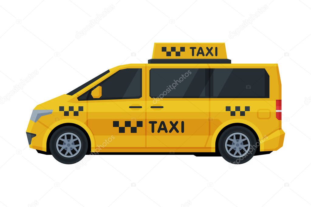 Yellow Taxi Van, Side View, Public Transportation Vehicle Flat Vector Illustration