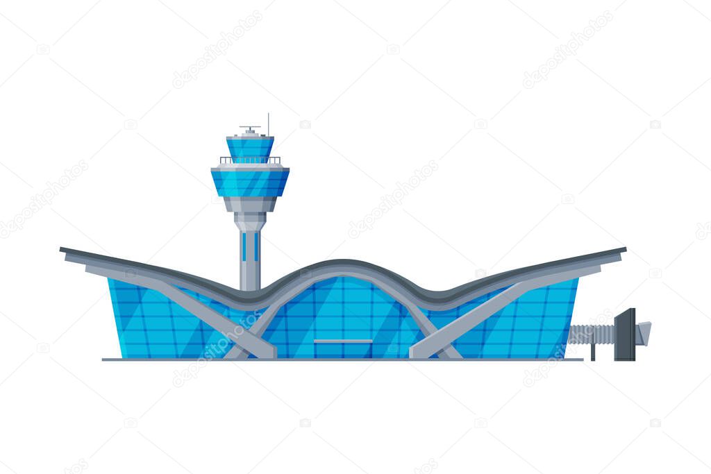 Airport Terminal with Control Tower, Air Public Transport Building, Modern Aerodrome or Transport Hub Flat Vector Illustration