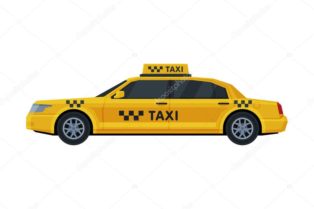 Yellow Taxi Car, Side View, Public Transportation Vehicle Flat Vector Illustration
