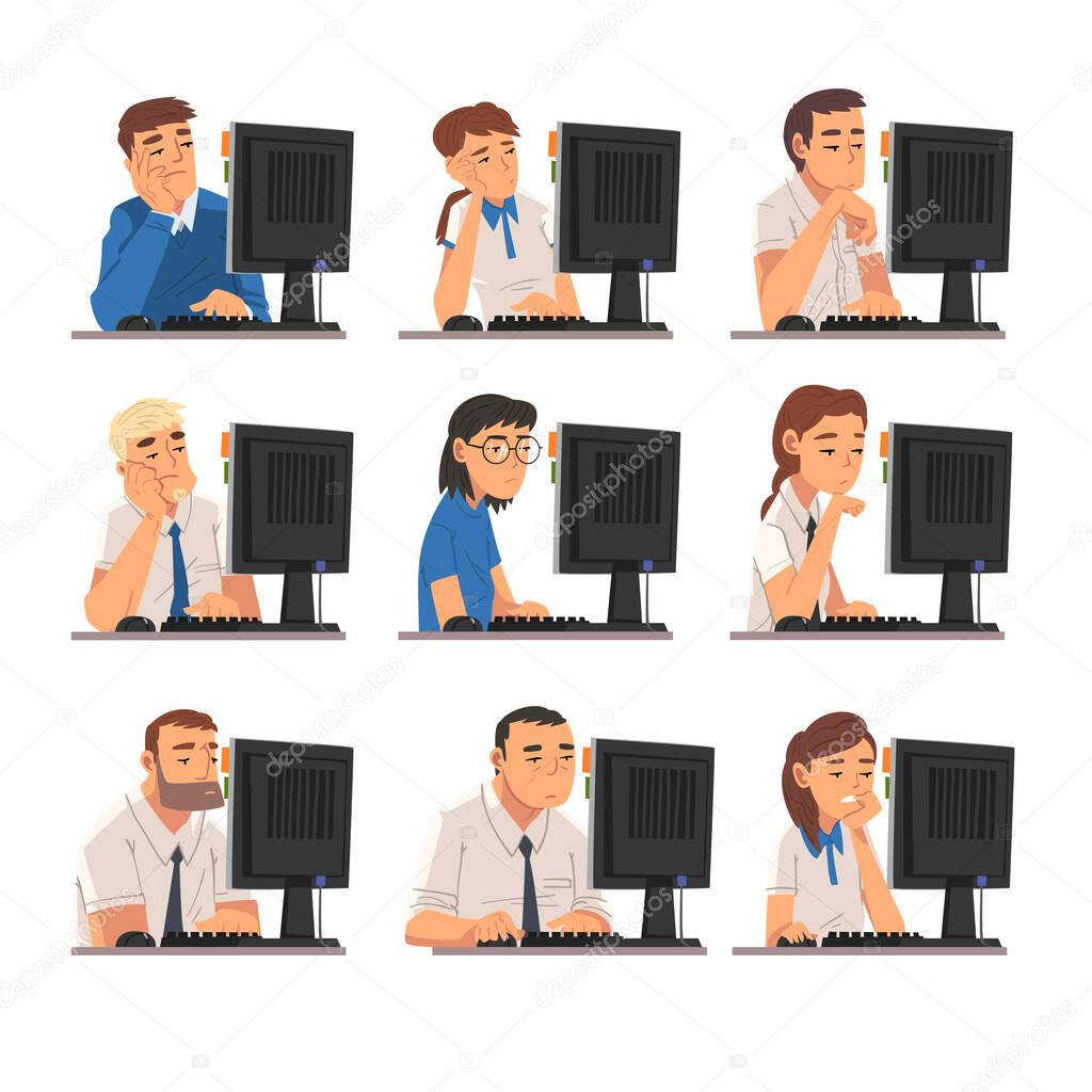 Bored Business People Sitting at Office Desk Collection, Lazy Employees Procrastinating at Workplace, Unmotivated or Unproductive Manager Characters Vector Illustration
