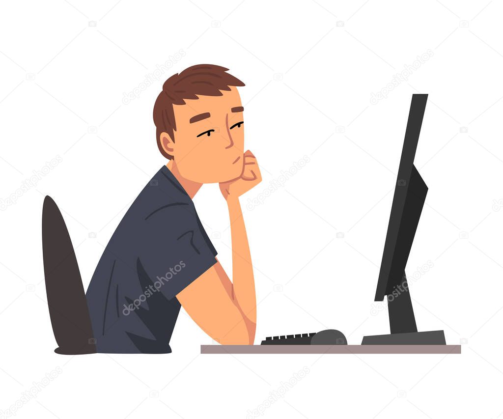Bored Employee Man Working with Computer, Lazy Clerk Procrastinating at Workplace, Unmotivated or Unproductive Worker Character Vector Illustration