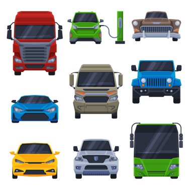 Front View of Various Vehicles Collection, Car, Truck, Bus, SUV, Minibus Flat Vector Illustration clipart