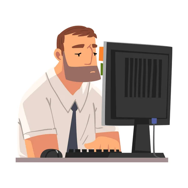Nudný obchodní zaměstnanec Muž pracující s počítačem, líný muž Procrastinating na pracovišti, nemotivovaný nebo neproduktivní manažer Charakter Vector Ilustrace — Stockový vektor