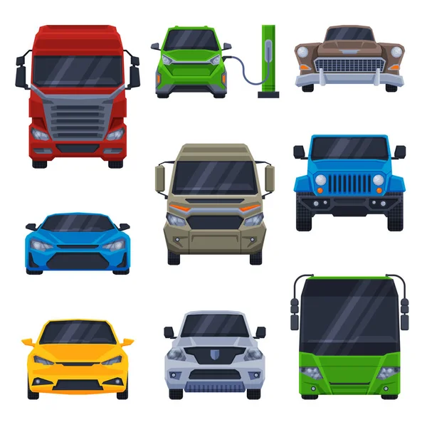 Přední pohled na sbírku různých vozidel, Auto, Truck, Bus, SUV, Minibus Flat Vector Illustration — Stockový vektor