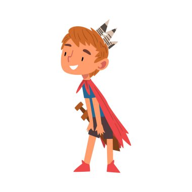 Gülen Çocuk Prens Kostümü Giyiyor, Şirin Çocuk Elbise Giyip Oyun Oynuyor Çizgi Film Gösterimi