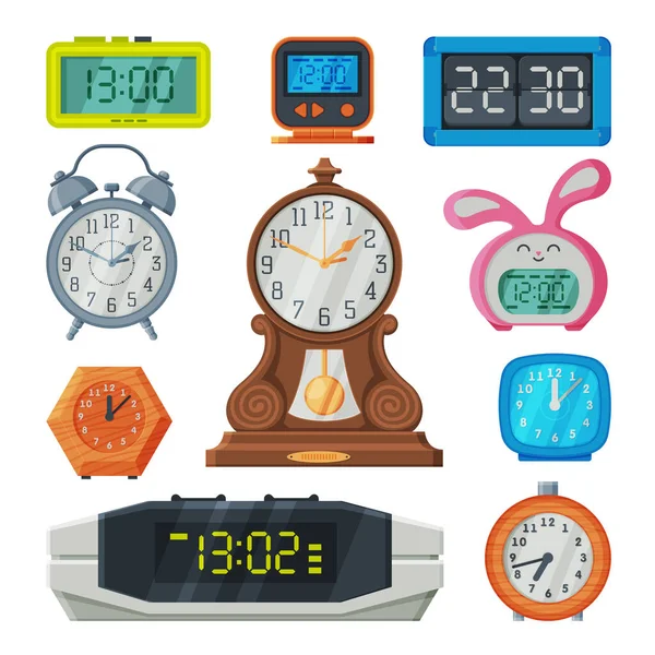 Collezione di orologi da tavolo digitali e analogici, Strumenti di misura del tempo vecchi e moderni Illustrazione vettoriale — Vettoriale Stock
