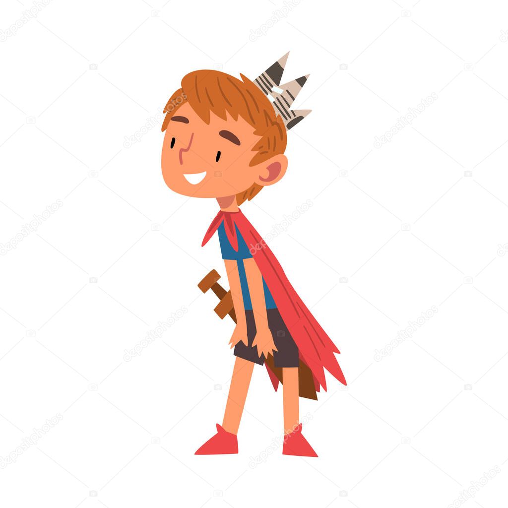 Smiling Boy Wearing Prince Costume, Cute Kid Playing Dress Up Game Cartoon Vector Illustration