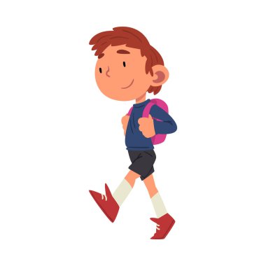 Sırt çantasıyla okulda yürüyen yakışıklı çocuk, okul öncesi çocuk günlük etkinlik çizgi filmi vektör ilülasyonu