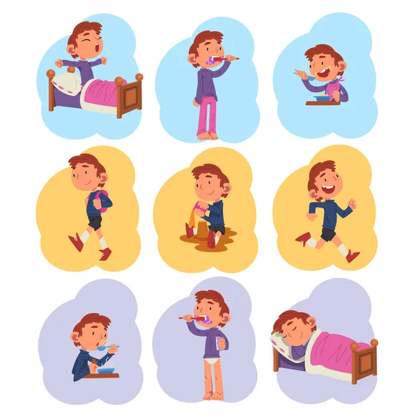 Preschool Kid Daily Routine Activities Collection, Cute Boy Waking Up, Brushing his Teeth, Eating, Playing, Sleeping at Night Cartoon Vector Illustration — Stock Vector