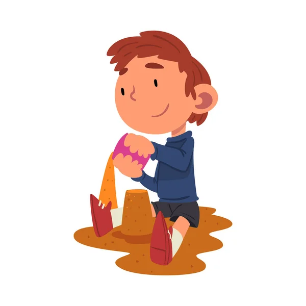 Cute Boy Playing in Sandpit on Playground, Preschool Kid Daily Routine Activity Cartoon Vector Illustration — Stock Vector