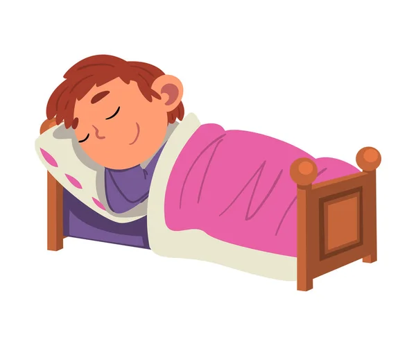 Niño lindo durmiendo en su cama, niño preescolar Rutina diaria actividad Dibujos animados Vector Ilustración — Archivo Imágenes Vectoriales