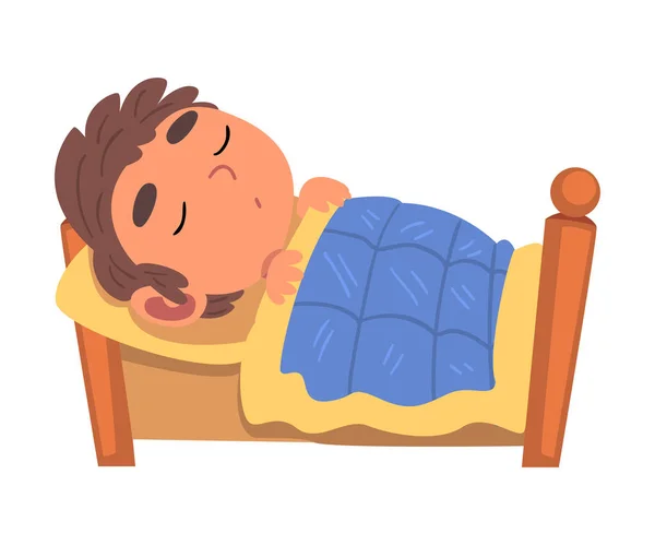 Хлопчик спить у своєму ліжку, школяр щоденної діяльності мультфільм Векторні ілюстрації — стоковий вектор