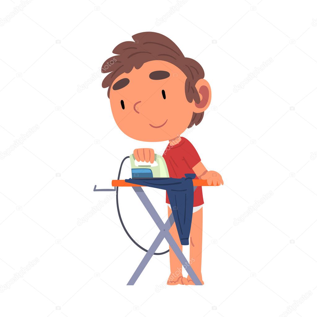 Cute Boy Ironing His Clothes, Daily Routine Activity Cartoon Vector Illustration