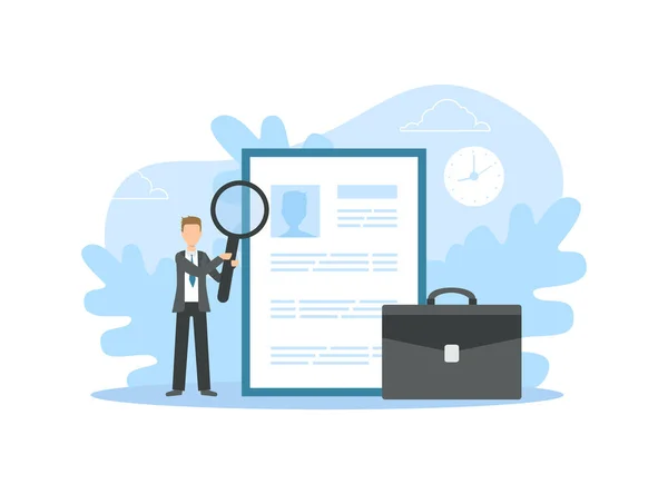 Tiny Businessman Holding Magnifying Glass Choisir CV Profil CV CV Reprendre Illustration vectorielle — Image vectorielle