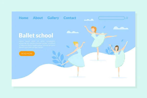 Ballet School Landing Page Template, Ballet Studio, Klas, Choreografie School voor kinderen Homepage, Website Vector Illustratie — Stockvector