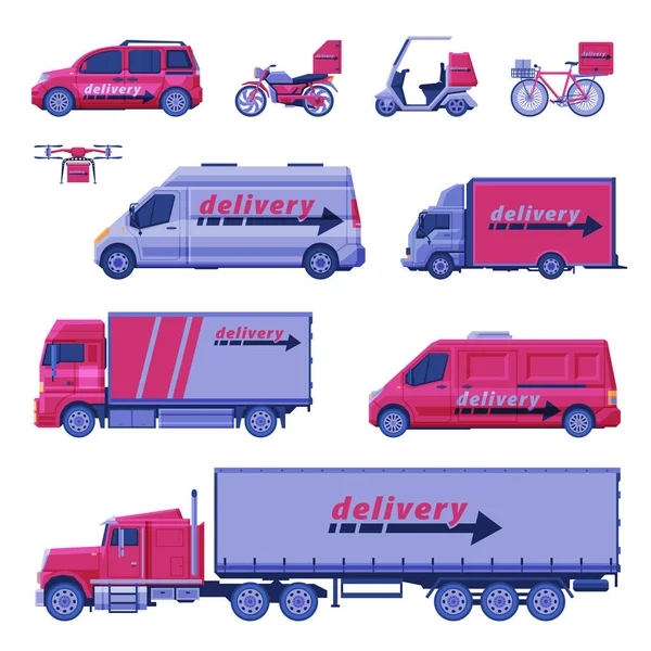 Dostawa pojazdów kolekcji, ekspresowe usługi dostawy, transport towarowy płaski wektor Ilustracja — Wektor stockowy