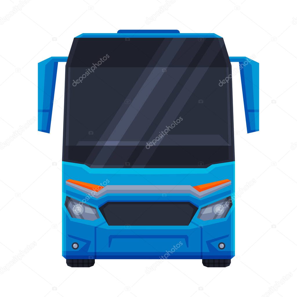 Front View of Blue Bus, Public Transportation Vehicle Flat Vector Illustration