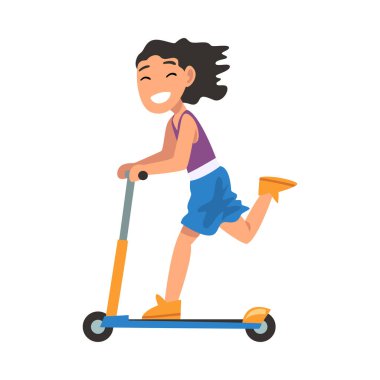 Gülümseyen Kız Tekmeleyen Scooter, Çocuklar için Çevre Taşımacılığı, Açık Hava Etkinliği Çizgi Filmi Vektör İllüzyonu