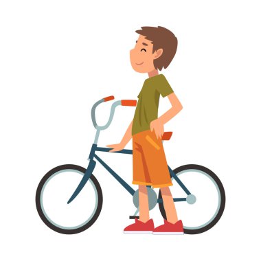 Şirin Çocuk Bisikletle Duruyor, Yan Görünüm, Yazın Açık Hava Etkinliği Çizgi Filmi Vektör İllüzyonu