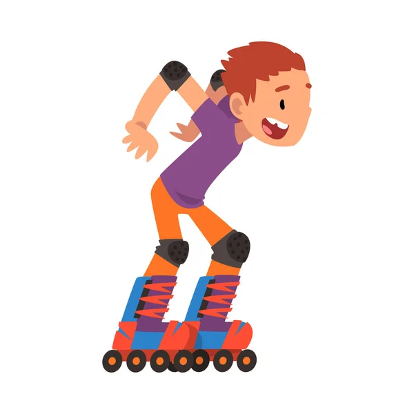 Rollerblading Boy, Happy Smiling Child Roller Skating, Teenager Outdoor Activity Cartoon Vector Illustration — Stock Vector