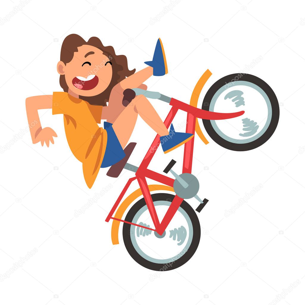 Cute Girl Falling off Bicycle, Teenager Bicyclist, Summer Outdoor Activity Cartoon Vector Illustration