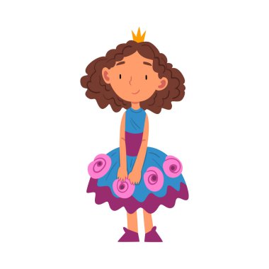 Prenses Gibi Giyinen Kız, Şirin Çocuk Beyaz Arkaplanda Oyun Giyinen Çizgi Roman Vektör İllüzyonu