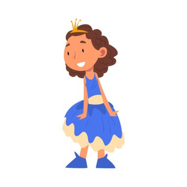 Prenses kostümlü gülen kız, şirin çocuk giyinip oyun oynuyor çizgi film sunucusu illüstrasyonu.