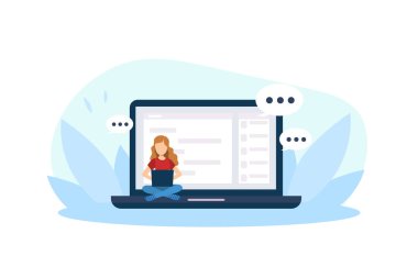 Dev Laptop, Çapraz Bacaklarla Oturan ve Bilgisayar Vektörü İllüzyonuyla Çalışan Minik Genç Kadın