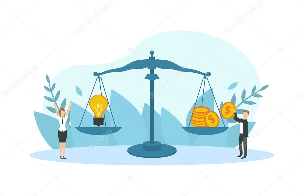 Light Bulb and Cash Money Scales, Business People Selling Creative Ideas, Patents, Idea is Money Concept Vector Illustration