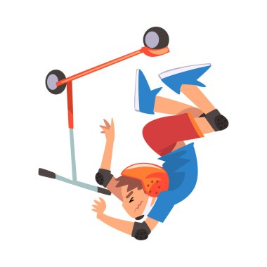 Scooter 'dan Düşen Çocuk, Çocuklar için Çevre Taşımacılığı, Yazın Açık Hava Etkinliği Çizgi Filmi Vektör İllüstrasyonu