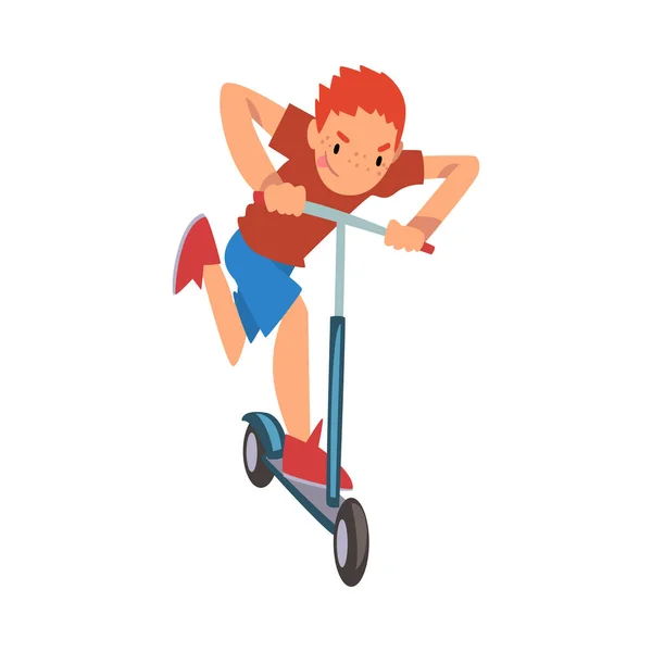 Boy Riding Kick Scooter Fast, Eco Transport for Children, Summer Outdoor Activity Cartoon Vector Illustration — Stock Vector