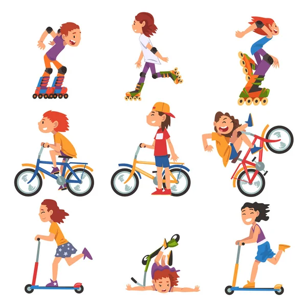 Boys and Girls Riding Kick Scooter, Bicycle, Rollerblades, Summer Outdoor Activities Cartoon Vector Illustration — Stock Vector